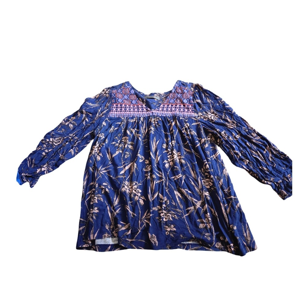 Anthropologie Floral Embroidered Peasant Blouse Navy Blue Size M Long Sleeve - Picture 2 of 6